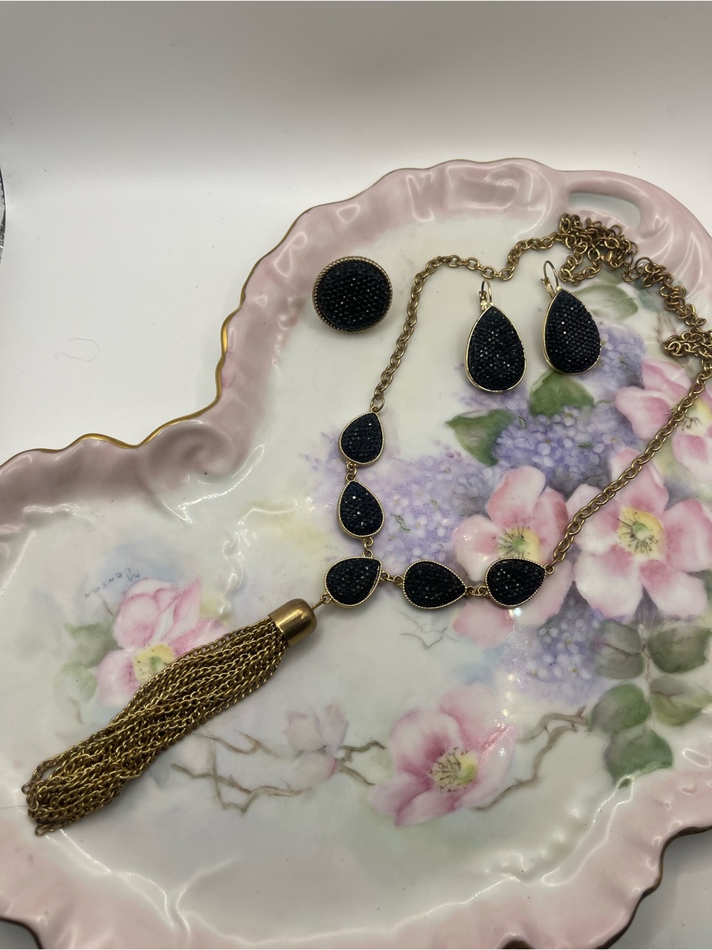 Gold-Tone Necklace & Earring‎ Set with Black Druzy Accents